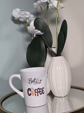 Hand Crafted White Coffee Mug with Brown Lettering